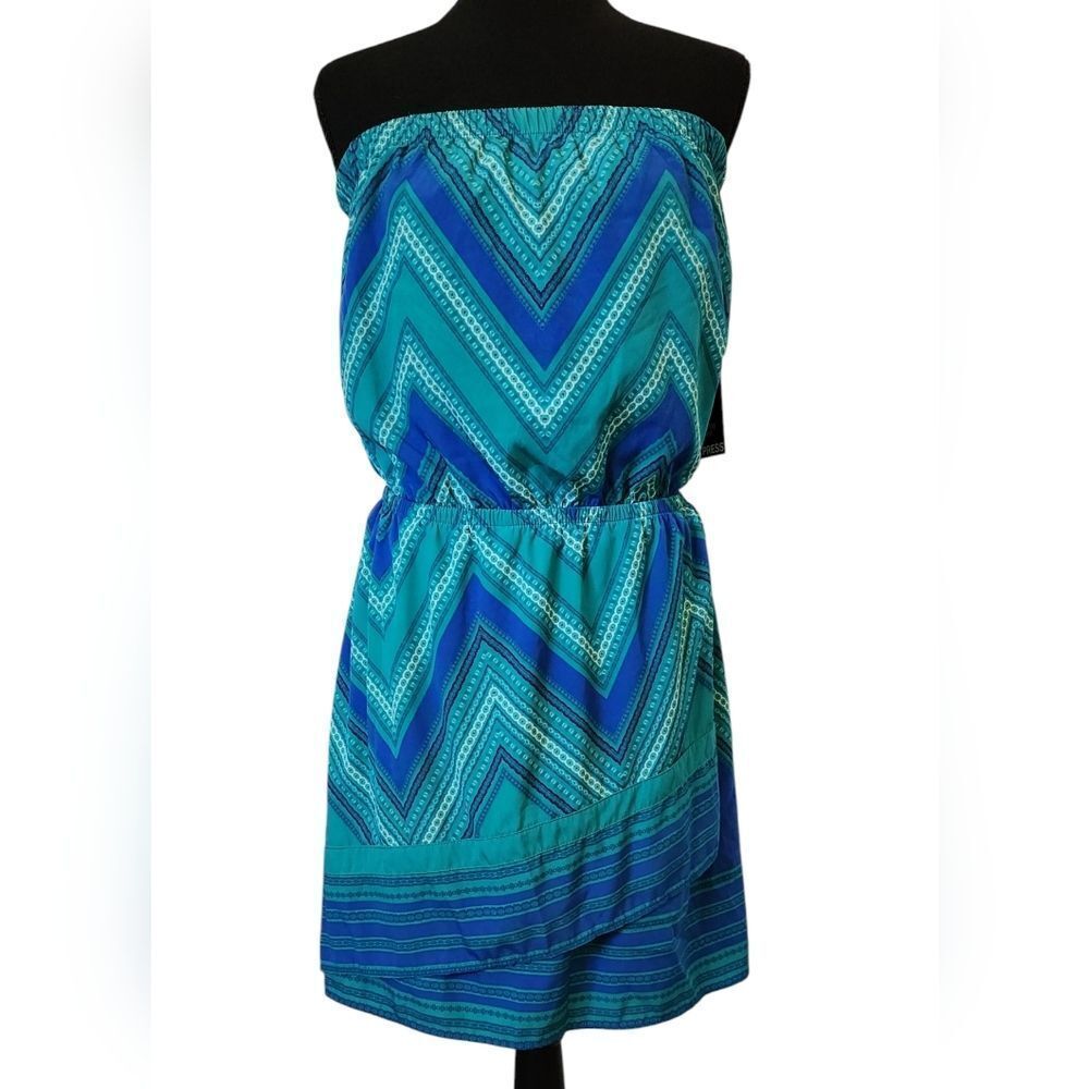 Express Strapless Chevron Dress in Teal and Blue